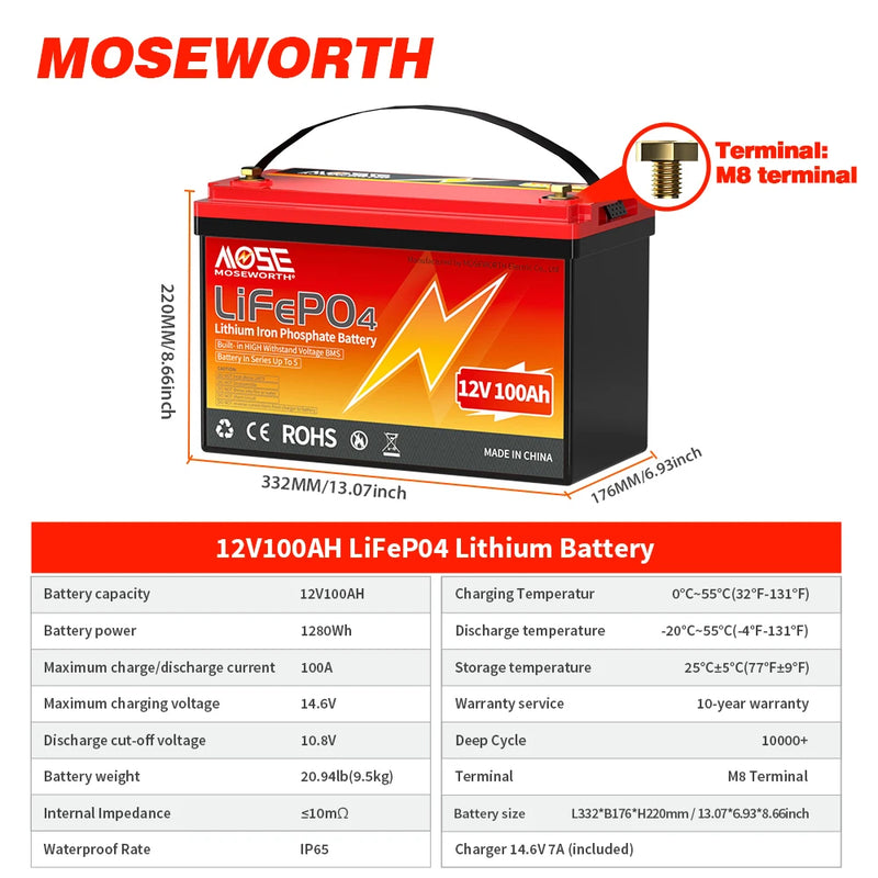 LiFePo4 Battery 12V (100Ah 200Ah 300Ah) 24V (100Ah) BMS Lithium Battery