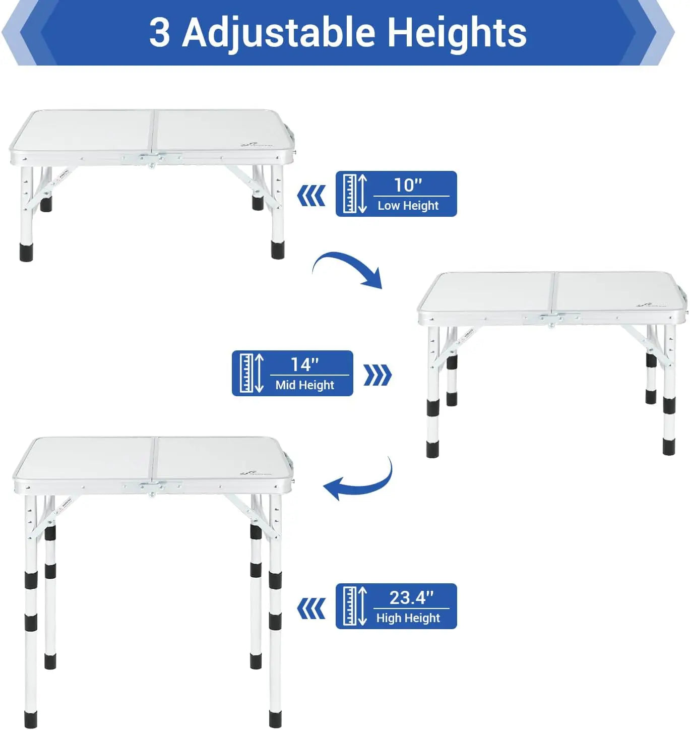 Adjustable Height Small Camp Table (23.6" L x 15.7" W x 3 Heights with Mesh Layer