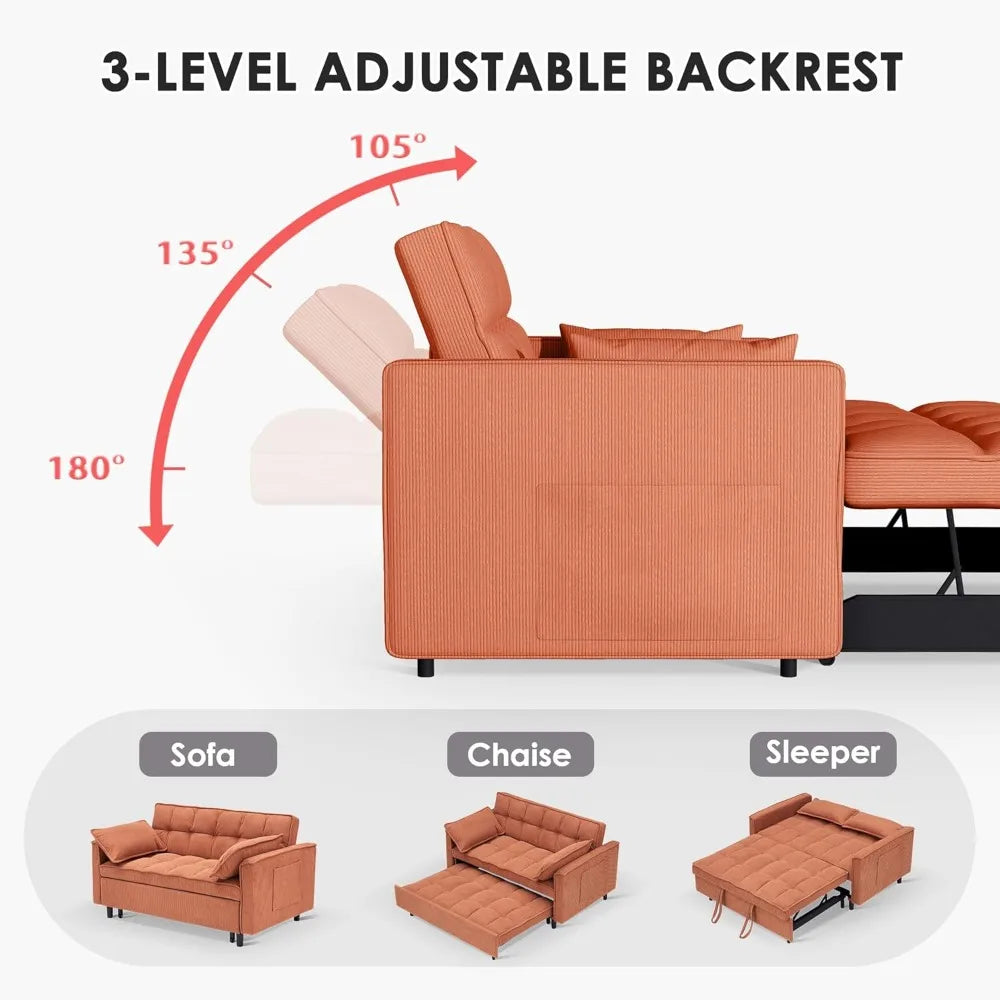Corduroy Fabric Loveseat Sleeper Sofa with Adjustable Backrest