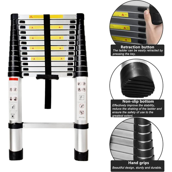 12.5 FT Telescoping Aluminum Ladder One Button Retraction