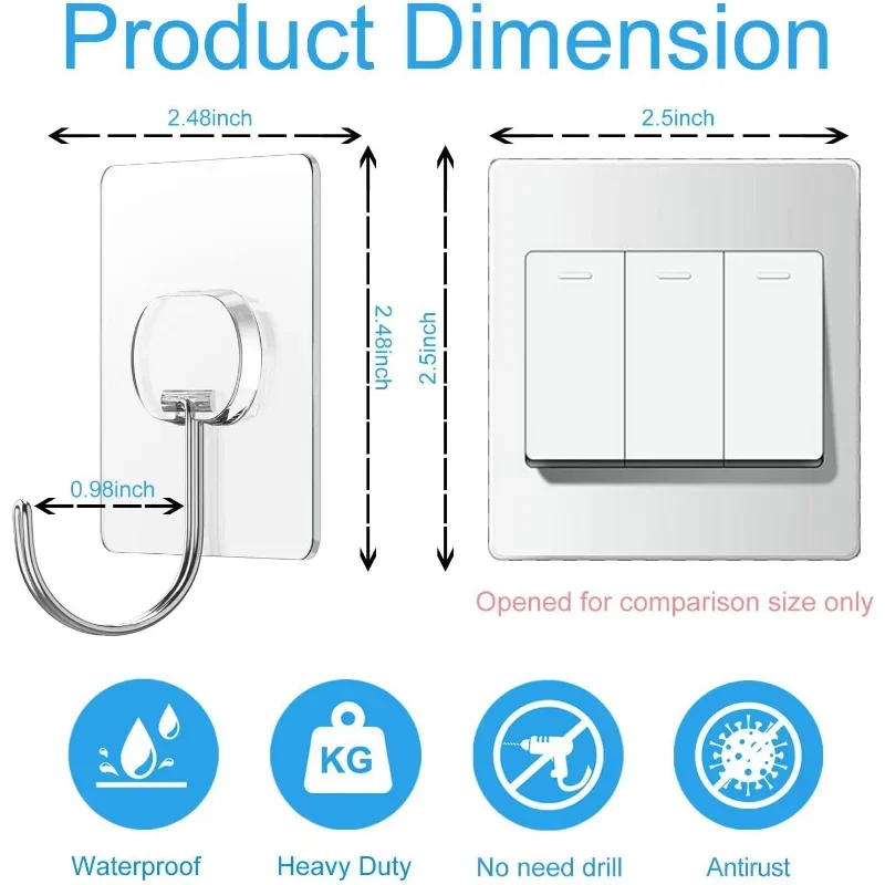 Large Adhesive Hooks for Hanging Heavy Duty Wall Hooks Self Adhesive Transparent Hook for Bathroom Shower Door
