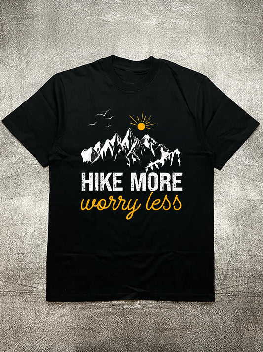 Men's Black Cotton T-Shirt - “Hike More Worry Less” 
Heat Transfer Print Short Sleeve
Outdoor Hiking