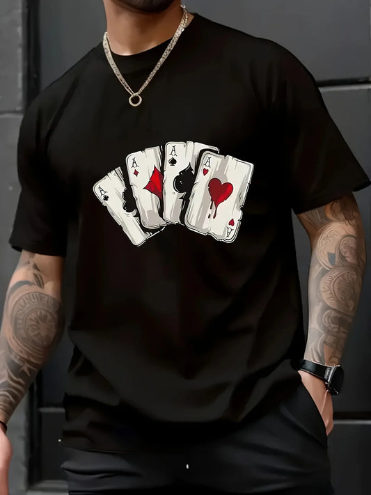Men's Casual Cotton T-Shirt with Playing Cards