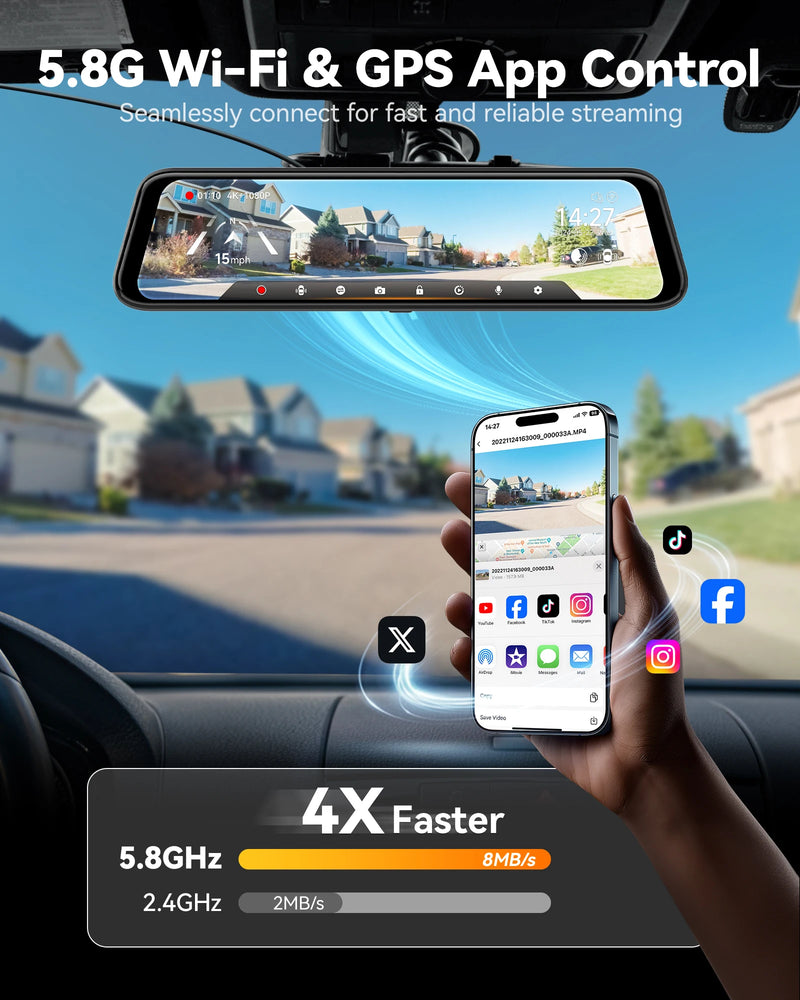 WIFI Rearview Mirror and Dash Cam with Voice Control