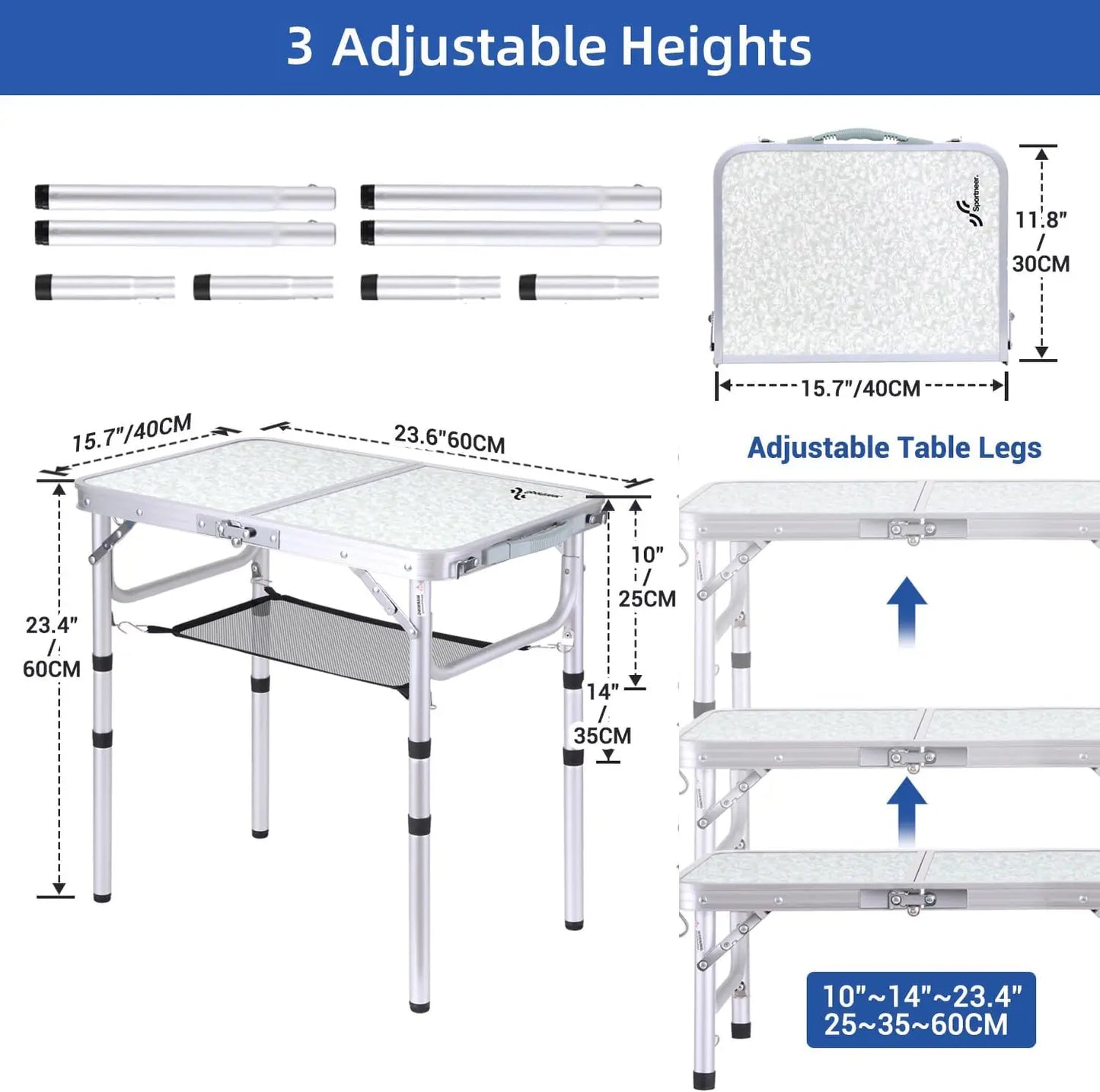 Adjustable Height Small Camp Table (23.6" L x 15.7" W x 3 Heights with Mesh Layer