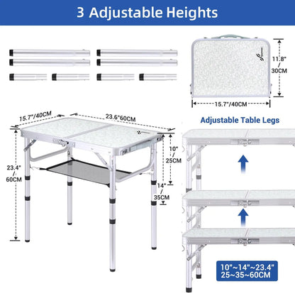 Adjustable Height Small Camp Table (23.6" L x 15.7" W x 3 Heights with Mesh Layer