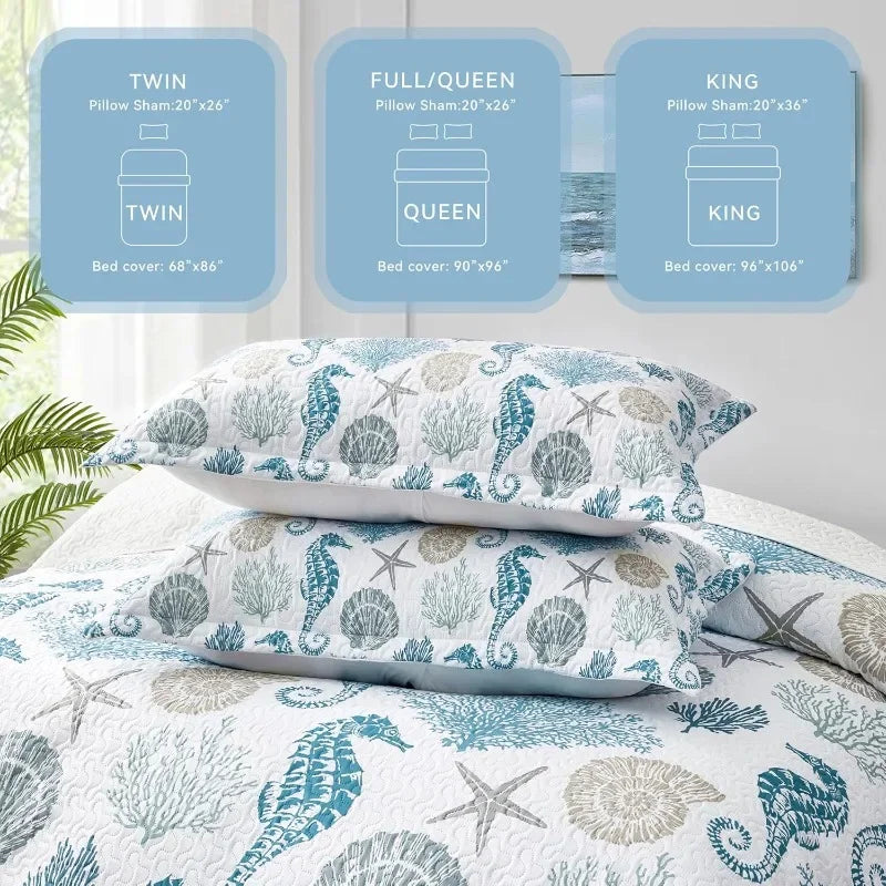 Queen Size Coastal Quilt with 2 Shams