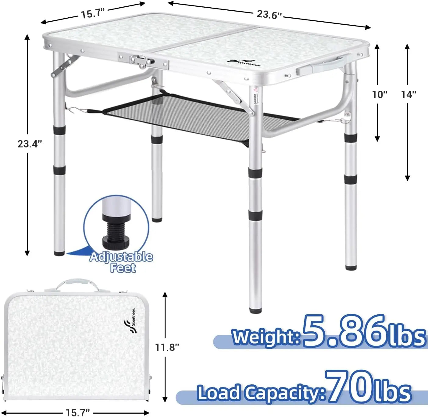 Adjustable Height Small Camp Table (23.6" L x 15.7" W x 3 Heights with Mesh Layer