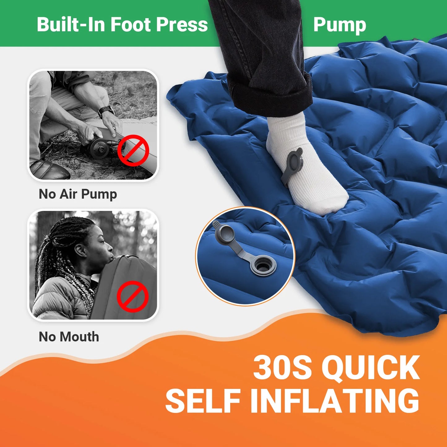 Camp Self Inflating Sleeping Pad, Built-in Foot Pump
