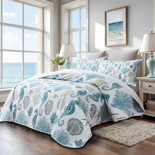 Queen Size Coastal Quilt with 2 Shams