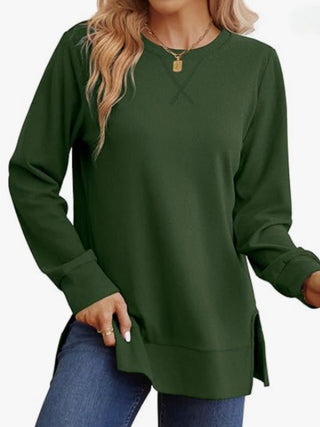 Women's Casual Crew-Neck Long-Sleeve T-Shirt With Side Slits