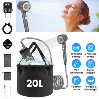 Portable camping shower kit with pump, shower head, hose and 5.3-gallon