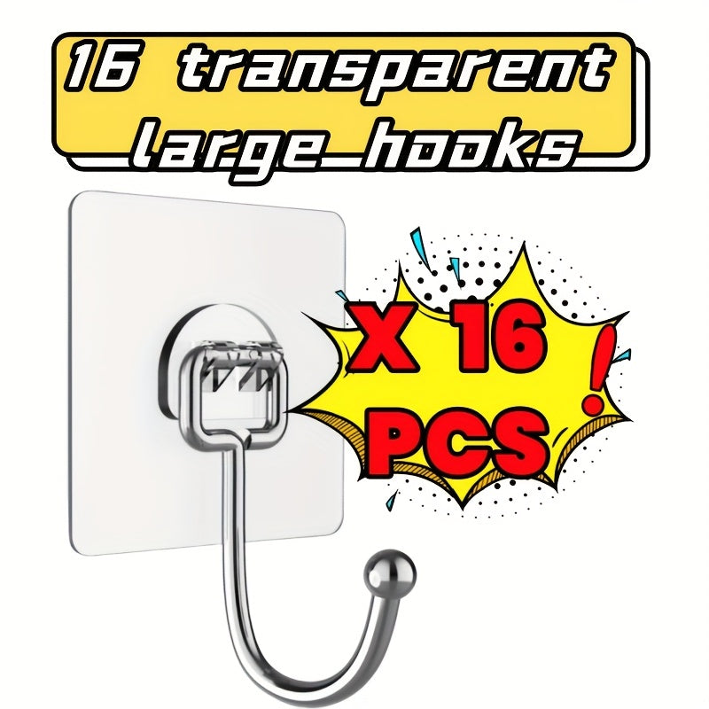 16pcs Large-sized Transparent Self-adhesive Hooks, with Strong Load-bearing Capacity