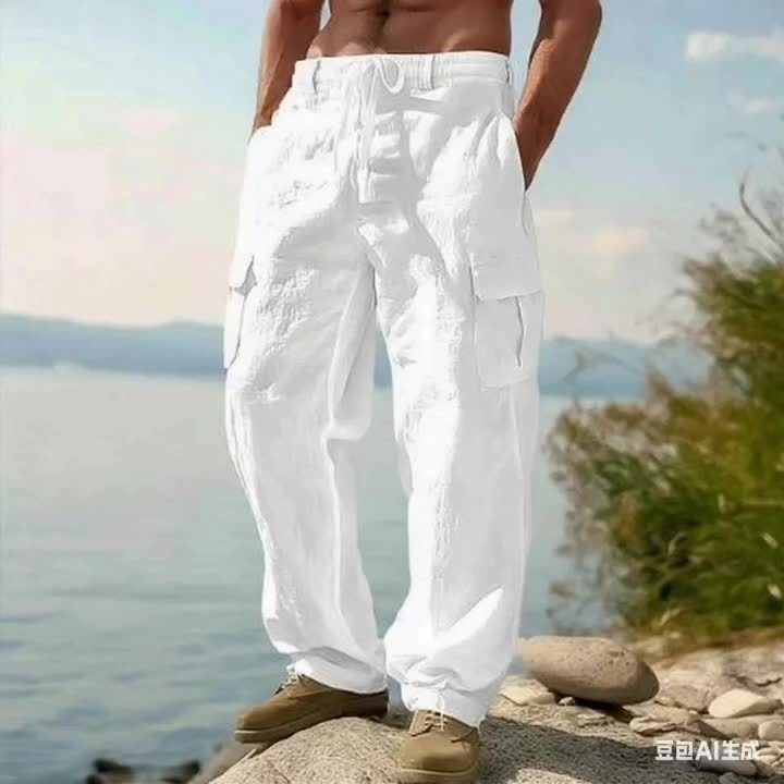 Men's Casual Linen Cargo Pants with Multiple Pockets