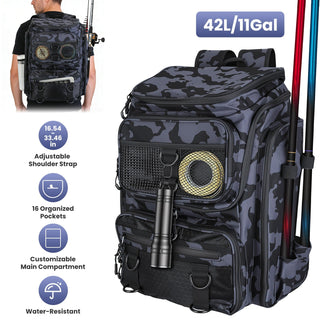 42L/11Gal Large Capacity Fishing Backpack Tackle Storage with Rod Holders 16-Pocket