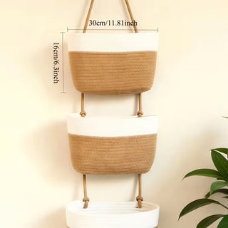 3-Tier Boho Hanging Woven Rope Basket Organizer – Neutral Wall-Mounted Storage Baskets for Bathroom, Nursery, Kitchen &amp; Bedroom