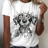 Women's Casual Loose Fit Short Sleeve T-Shirt with Playful Dog