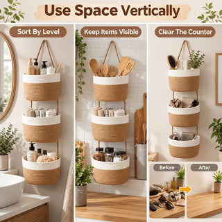 3-Tier Boho Hanging Woven Rope Basket Organizer – Neutral Wall-Mounted Storage Baskets for Bathroom, Nursery, Kitchen &amp; Bedroom