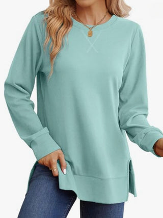 Women's Casual Crew-Neck Long-Sleeve T-Shirt With Side Slits