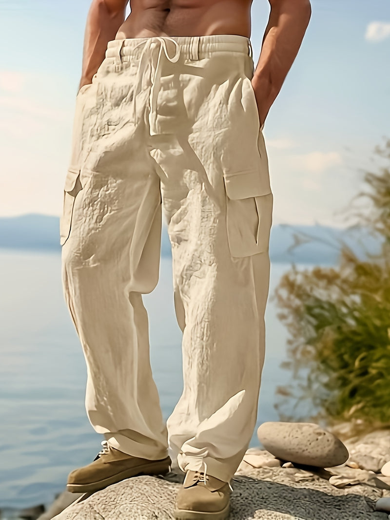 Men's Casual Linen Cargo Pants with Multiple Pockets