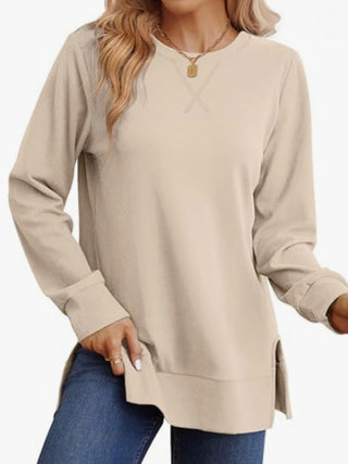 Women's Casual Crew-Neck Long-Sleeve T-Shirt With Side Slits