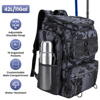 42L/11Gal Large Capacity Fishing Backpack Tackle Storage with Rod Holders 16-Pocket