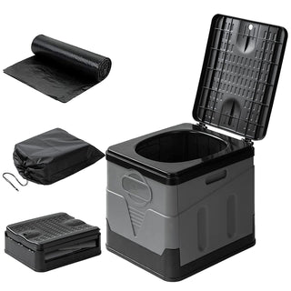 Foldable portable camping toilet with lid, carry bag and disposable bags