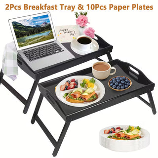 2-Pack Bamboo Breakfast Bed Trays with Folding Legs & Handles