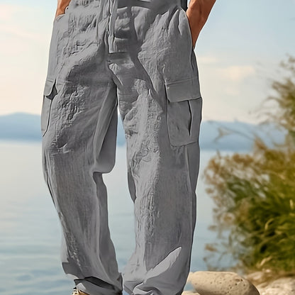 Men's Casual Linen Cargo Pants with Multiple Pockets