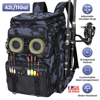 42L/11Gal Large Capacity Fishing Backpack Tackle Storage with Rod Holders 16-Pocket