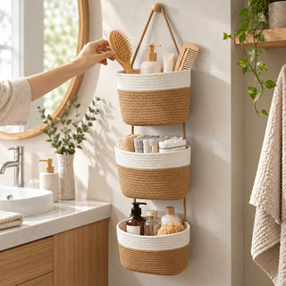 3-Tier Boho Hanging Woven Rope Basket Organizer – Neutral Wall-Mounted Storage Baskets for Bathroom, Nursery, Kitchen &amp; Bedroom