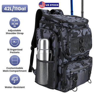 42L/11Gal Large Capacity Fishing Backpack Tackle Storage with Rod Holders 16-Pocket