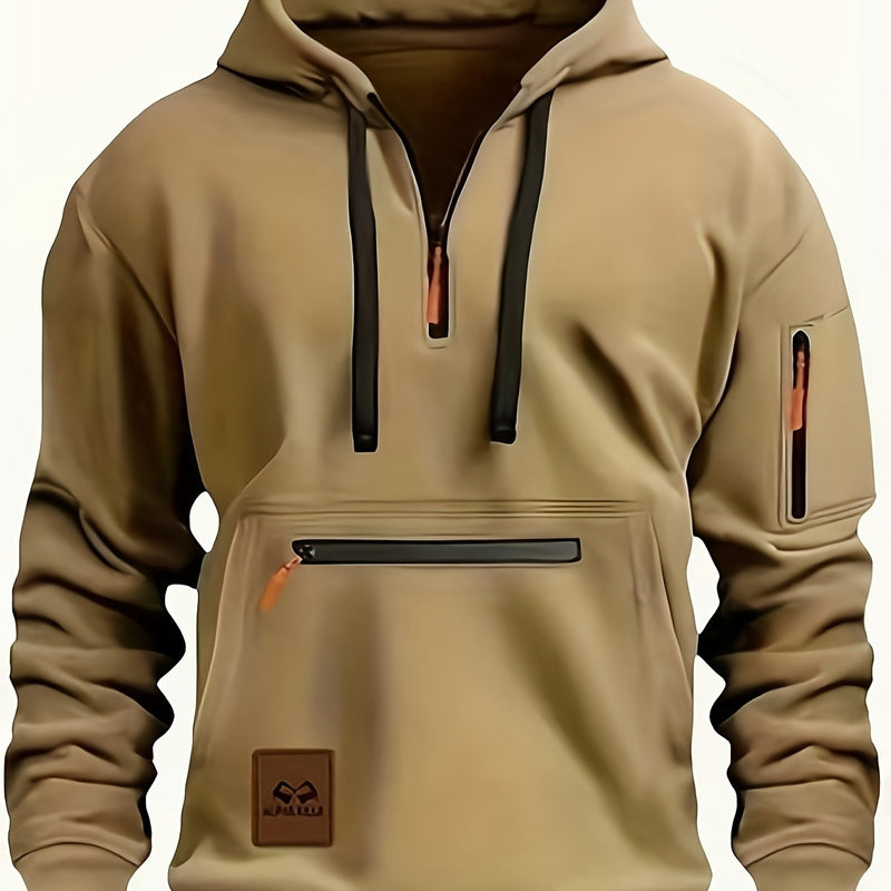 Men's Casual Black Hoodie with Multiple Zipper Pockets