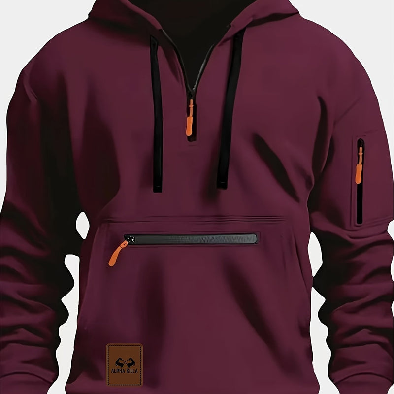 Men's Casual Black Hoodie with Multiple Zipper Pockets