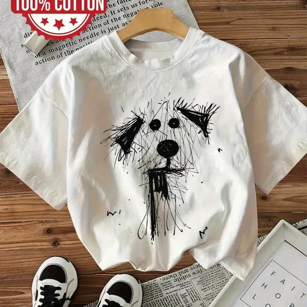 Plus Size Women's Casual Crew Neck T-Shirt with Sketchy Dog Graphic