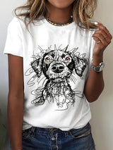Women's Casual Loose Fit Short Sleeve T-Shirt with Playful Dog