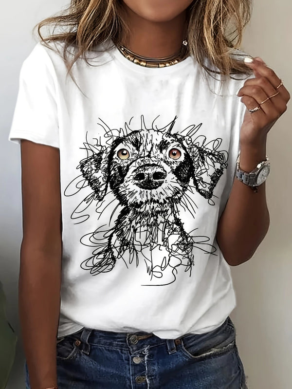 Women's Casual Loose Fit Short Sleeve T-Shirt with Playful Dog