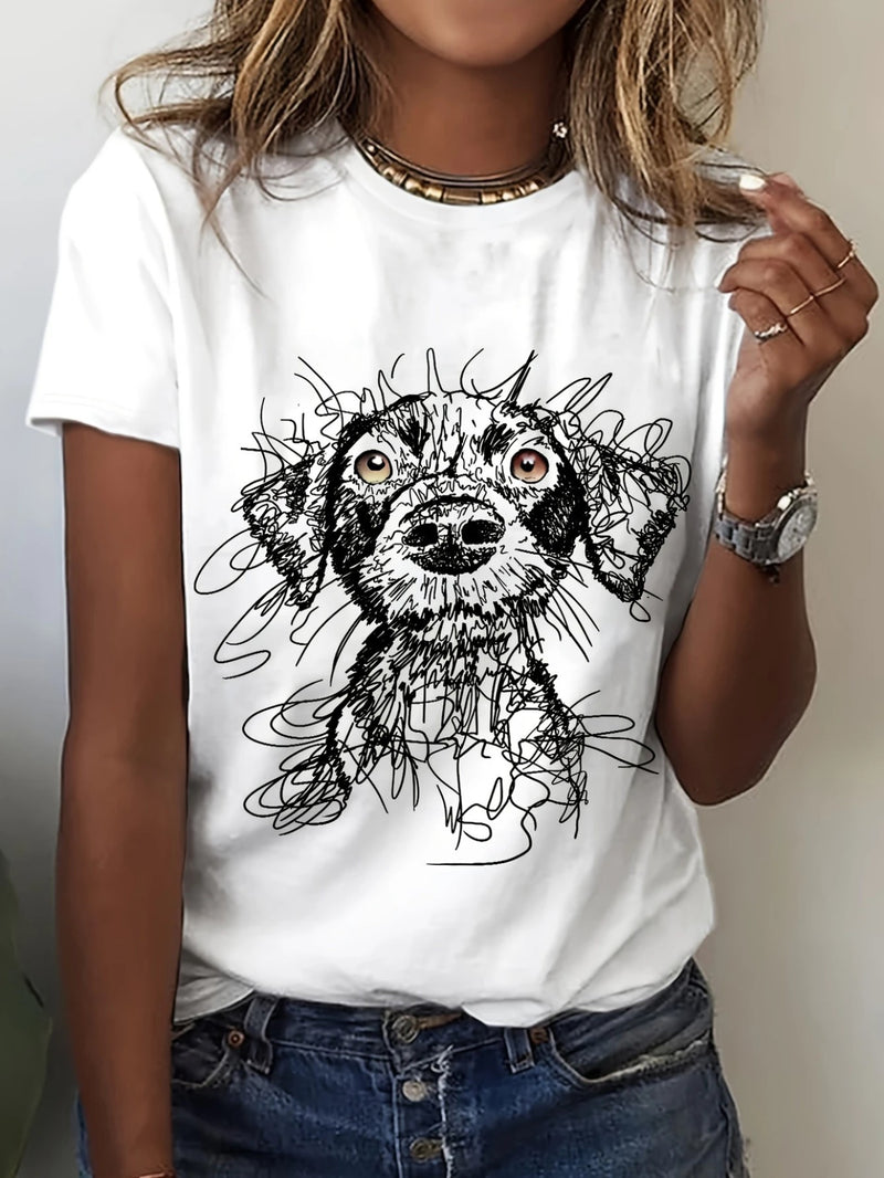 Women's Casual Loose Fit Short Sleeve T-Shirt with Playful Dog