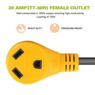 RV Electrical Dogbone Converter, converting 50 AMP (14-50P) male to 30 AMP (TT-30R) female