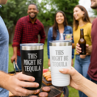 Stainless Steel Travel Drink Mug with humorous phrase "This Might Be Tequila"