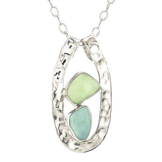 Sea Glass Slender Curve Pendant Sterling Silver- Aqua & Light Green