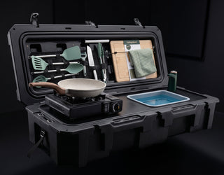 VOZ all-in-one portable camp kitchen open with sink, stove and cooking accessories
