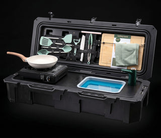VOZ all-in-one portable camp kitchen open with sink, cooking station, cutting board and utensils