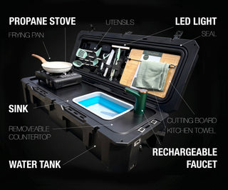 VOZ portable camp kitchen feature diagram showing stove, sink, water tank, rechargeable faucet and cooking accessories