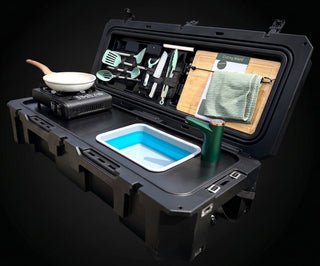 VOZ portable camp kitchen angled view with sink, rechargeable faucet, cooking station and accessories